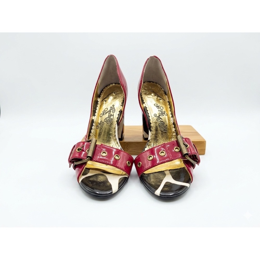 Naughty Monkey Sexy Red Patent Leather Animal Print Block Heel Peep Toe Pumps 8M